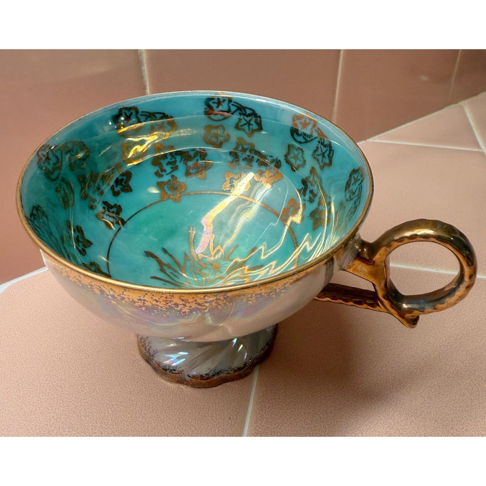 Vintage Enesco Japan Lusterware Pedestal Teacup – Turquoise & Gold Floral – Irid